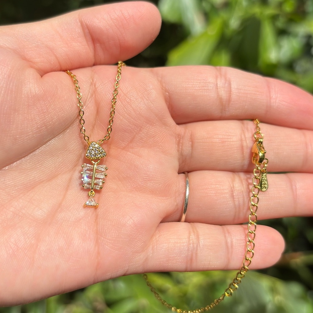 18K Gold Plated Silver 925 Diamond Fish bone Necklace